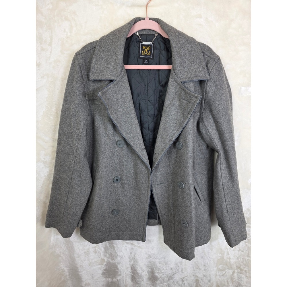 Mens Heather Gray Wool Blend‎ Double Breasted Pea Coat Jacket Size Medium